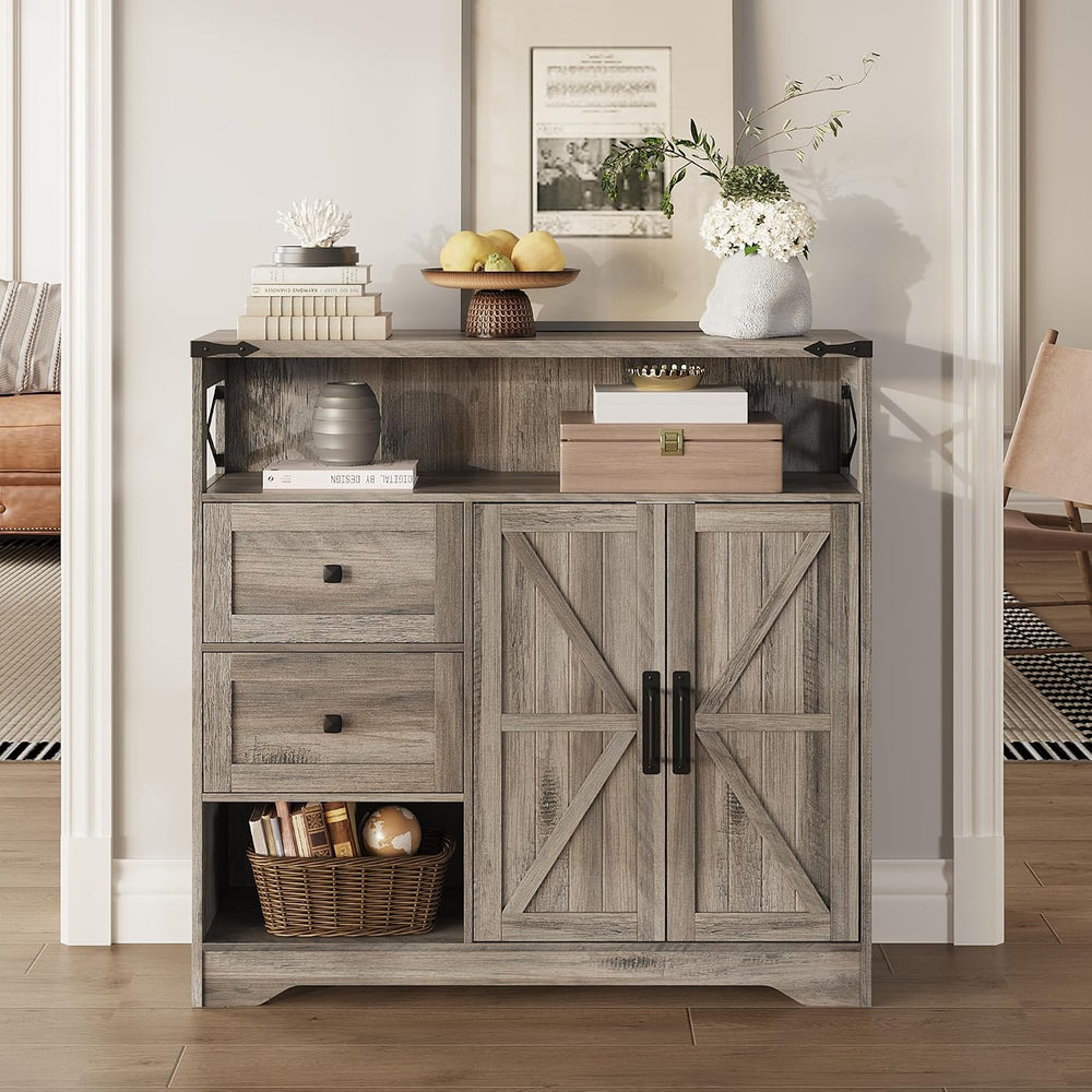 Fameill Farmhouse Storage Cabinet with Drawers and Open Storage, Grey