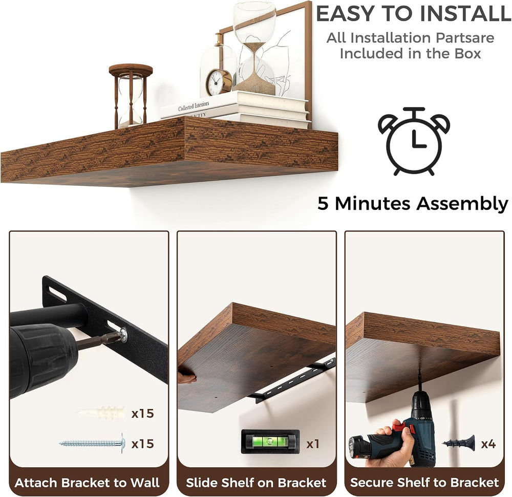 72 Inch Floating Shelves for Wall, 12"D Wood Storage Shelves, Brown Finish