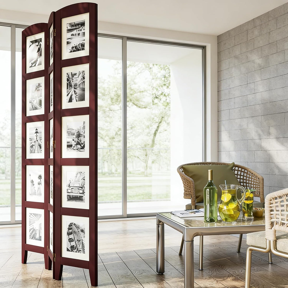 SZQINJI 3 Panel Photo Room Divider Screen, Walnut