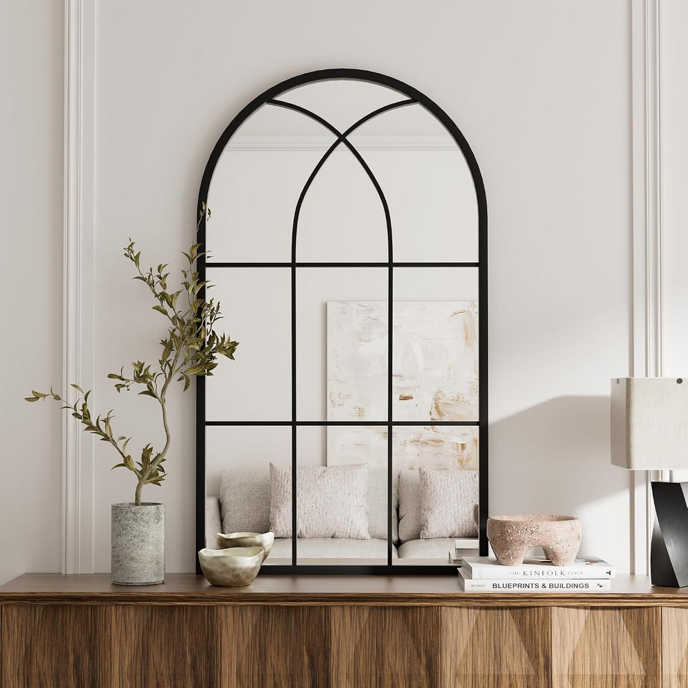 Rowjut Arched Top Window Glass Wall Mirror 42" x 24" Black Iron