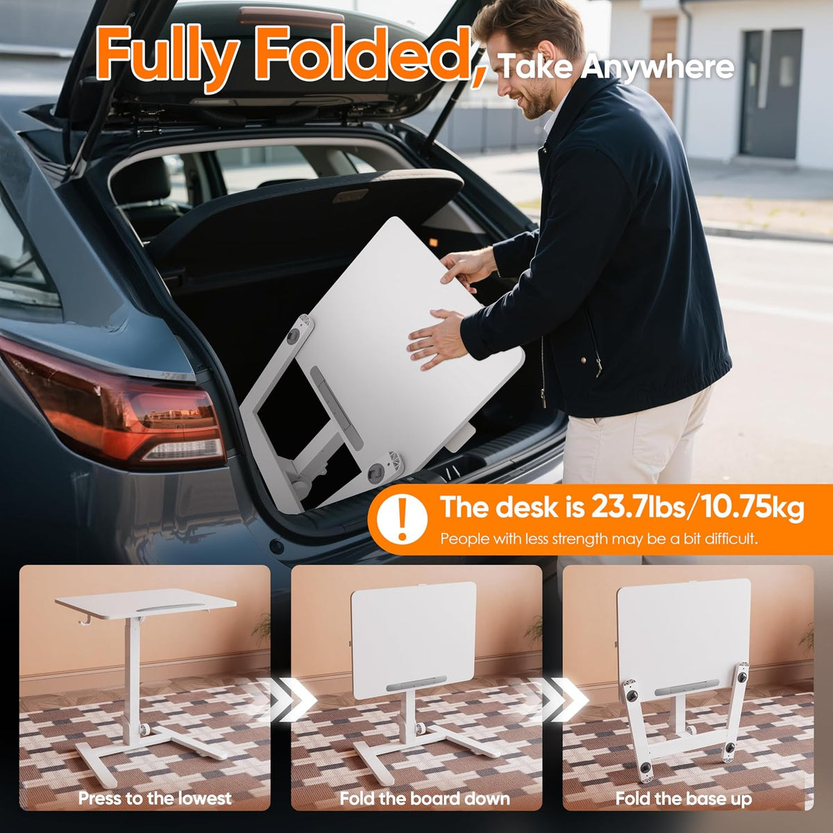Monomi 25“ Mobile Folding Desk,Pneumatic Sit-Stand Table,No Assembly,White