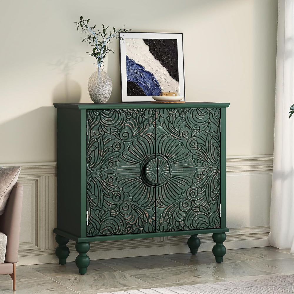 Solid Wood Buffet Cabinet, Accent Cabinet, 2 Carved Doors, Green