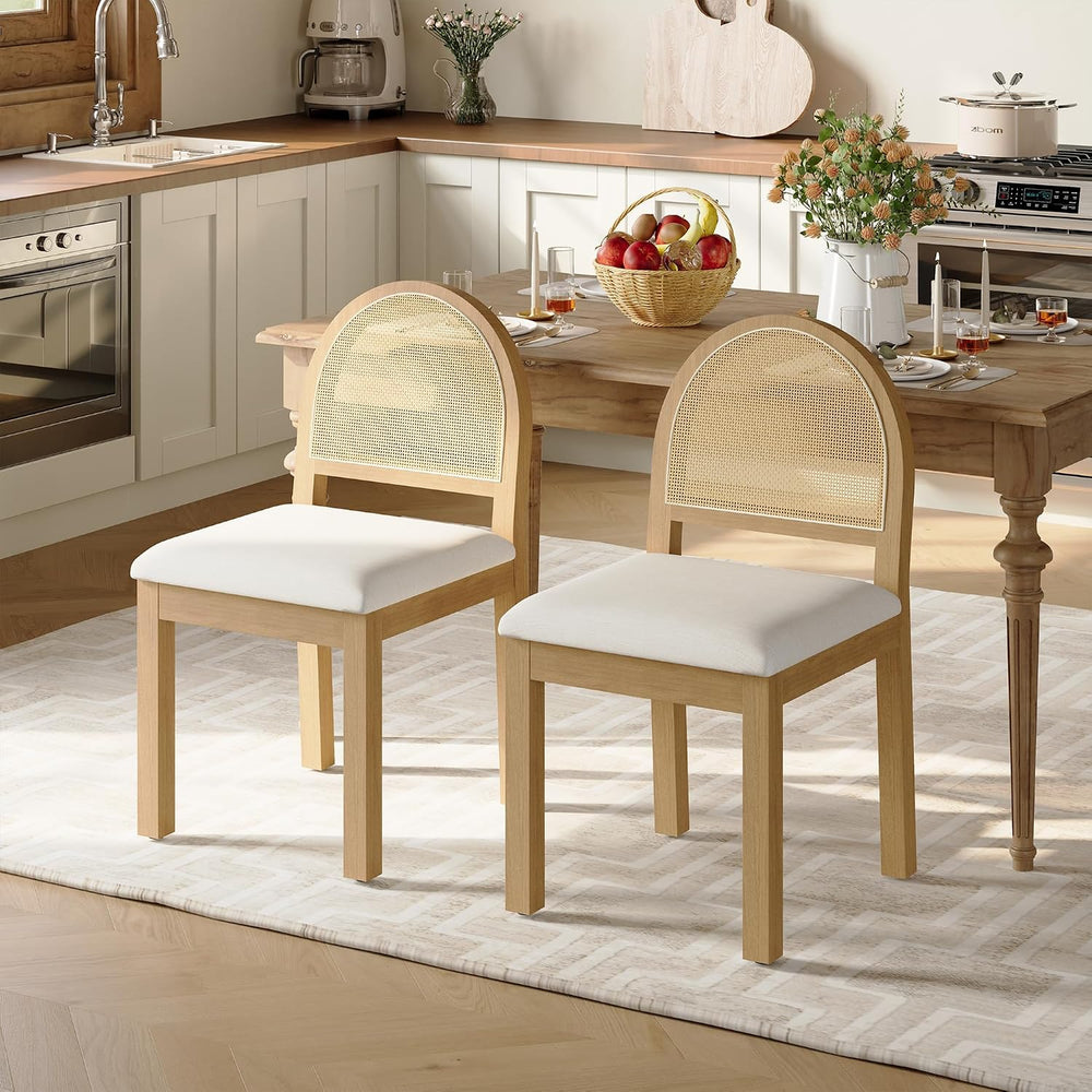 Upholstered Rattan Dining Chairs Set of 6, Farmhouse Wooden Kitchen Chair
