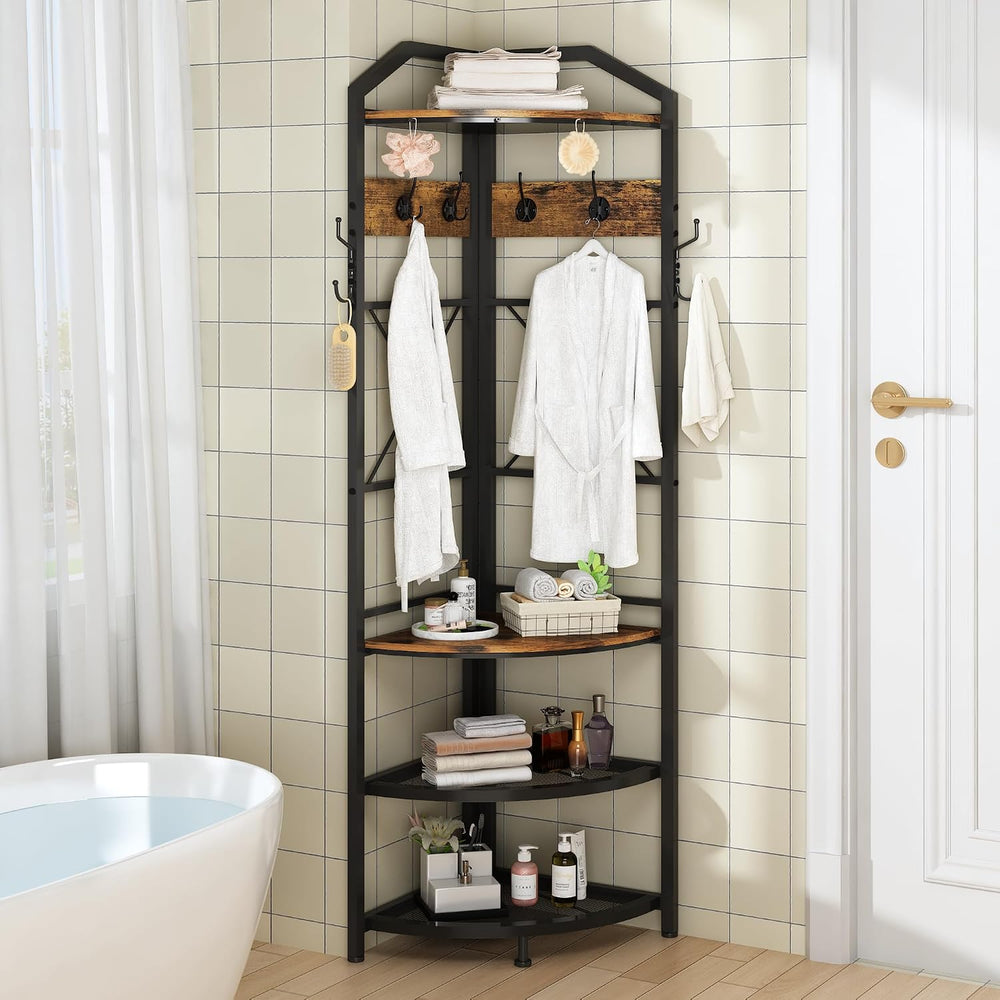 Corner Coat Rack with Storage, Entryway Hall Tree with Shoe Rack and Hooks, F...