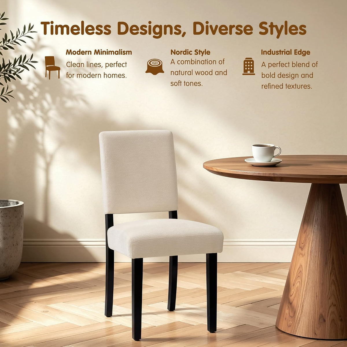 CHUN YI Dining Chairs Set of 2, Upholstered Dining Room Chairs, Modern Farmhouse Parsons Chairs with Solid Wood Legs & Fabric Padded Seat for Kitchen/Living Room/Restaurant, Beige