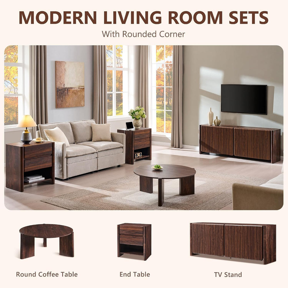33.5" Wood Round Coffee Table, Small Modern Circle Coffee Table, Brown