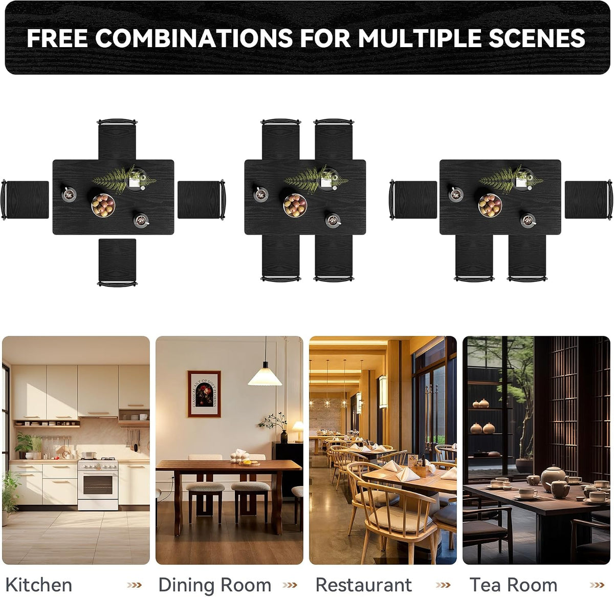Dining Table Set for 4, 5-Piece Kitchen Table and Chairs, Rectangular Dining Room Table Set with 4 Chairs, Space-Saving Kitchen Table Set for Small Space,Dinette,Apartment,Pure Black