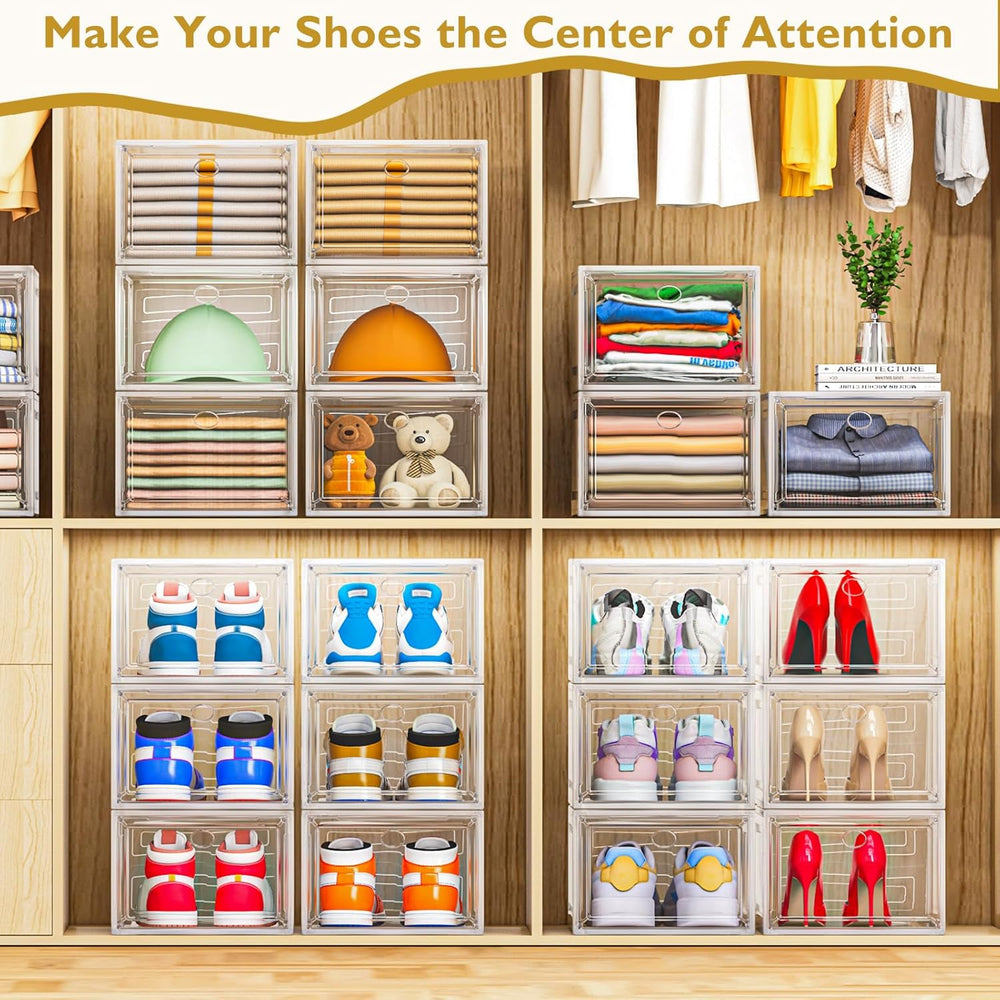 12 Pack Shoe Organizer, Stackable Shoe Storage Boxes with Magnetic Door