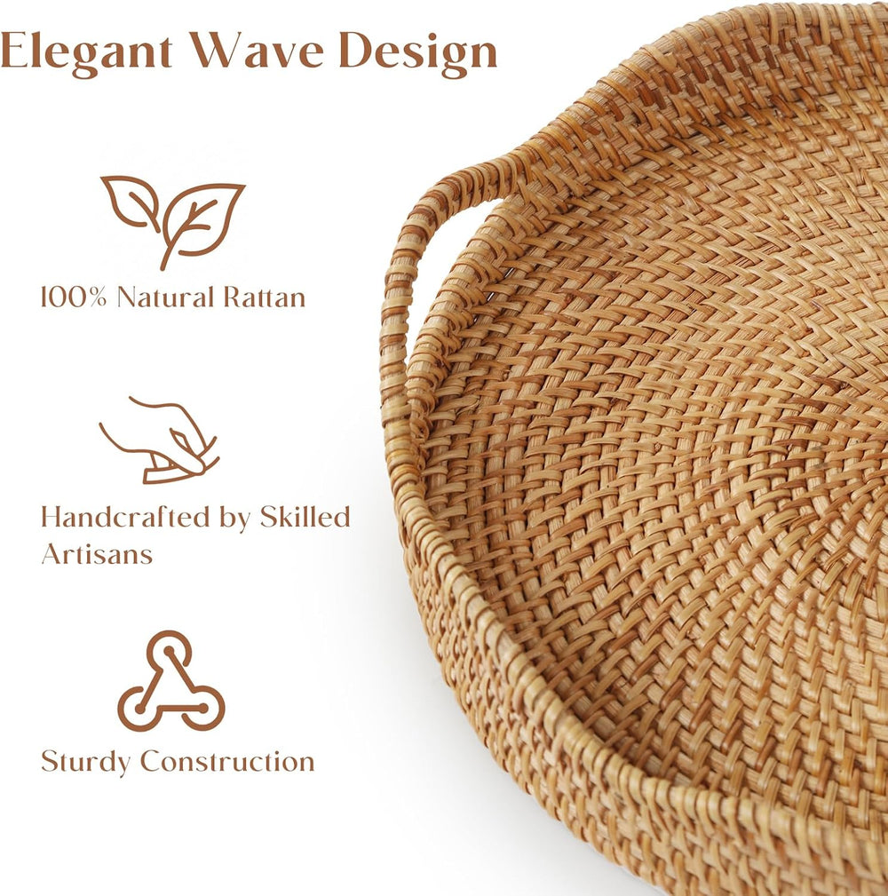 YANGQIHOME Round Scalloped Rattan Tray, Handwoven Decorative Tray