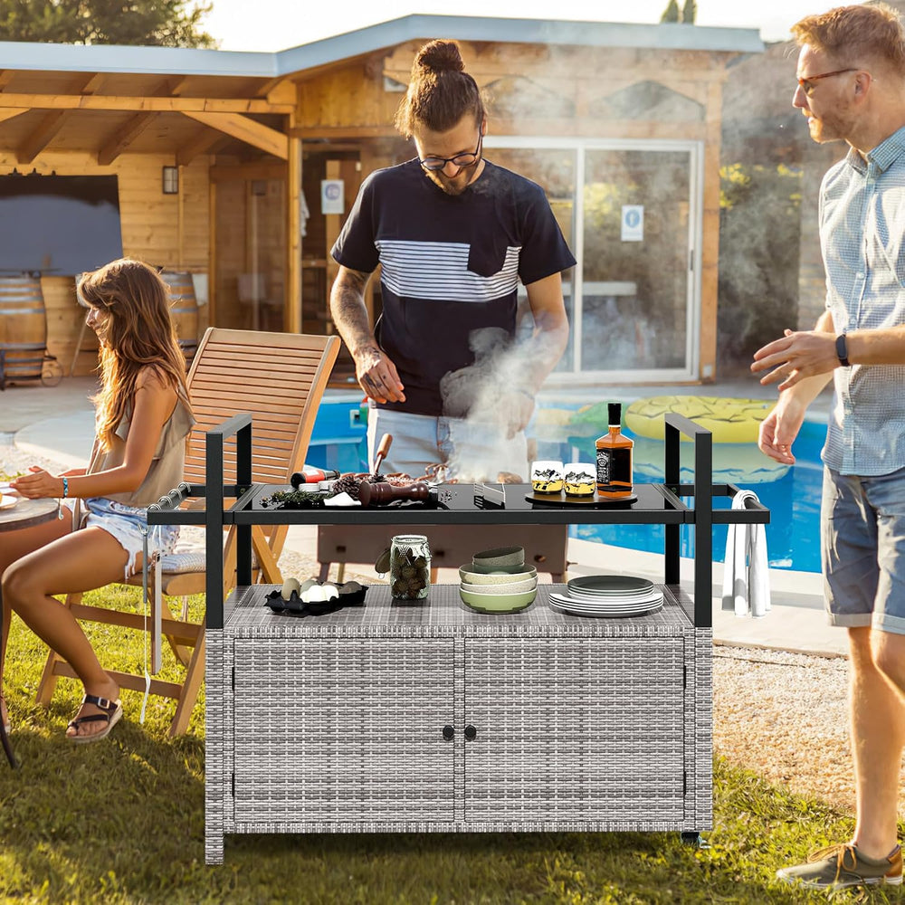 Tangkula Wicker Rolling Outdoor Bar Cart with Tempered Glass Table, Gray