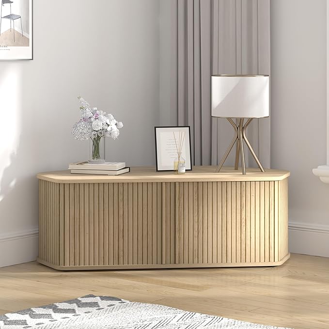 Corner TV Stand 43 Inch, Mid Century Corner Entertainment Center with Sliding Tambour Door, Media Console Table with 2 Layers Storage, Fluted TV Stand for Living Room, Bedroom, Oslo Oak