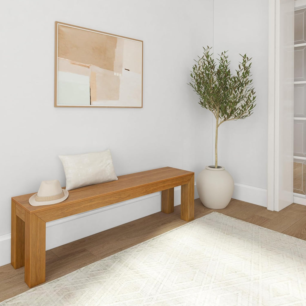 Plank+Beam Modern Dining Bench, 60 Inch, Pecan Wirebrush | Non-Toxic Finishes, Modern Design, Easy Assembly, Modern Style, Quick Setup, Solid Wood