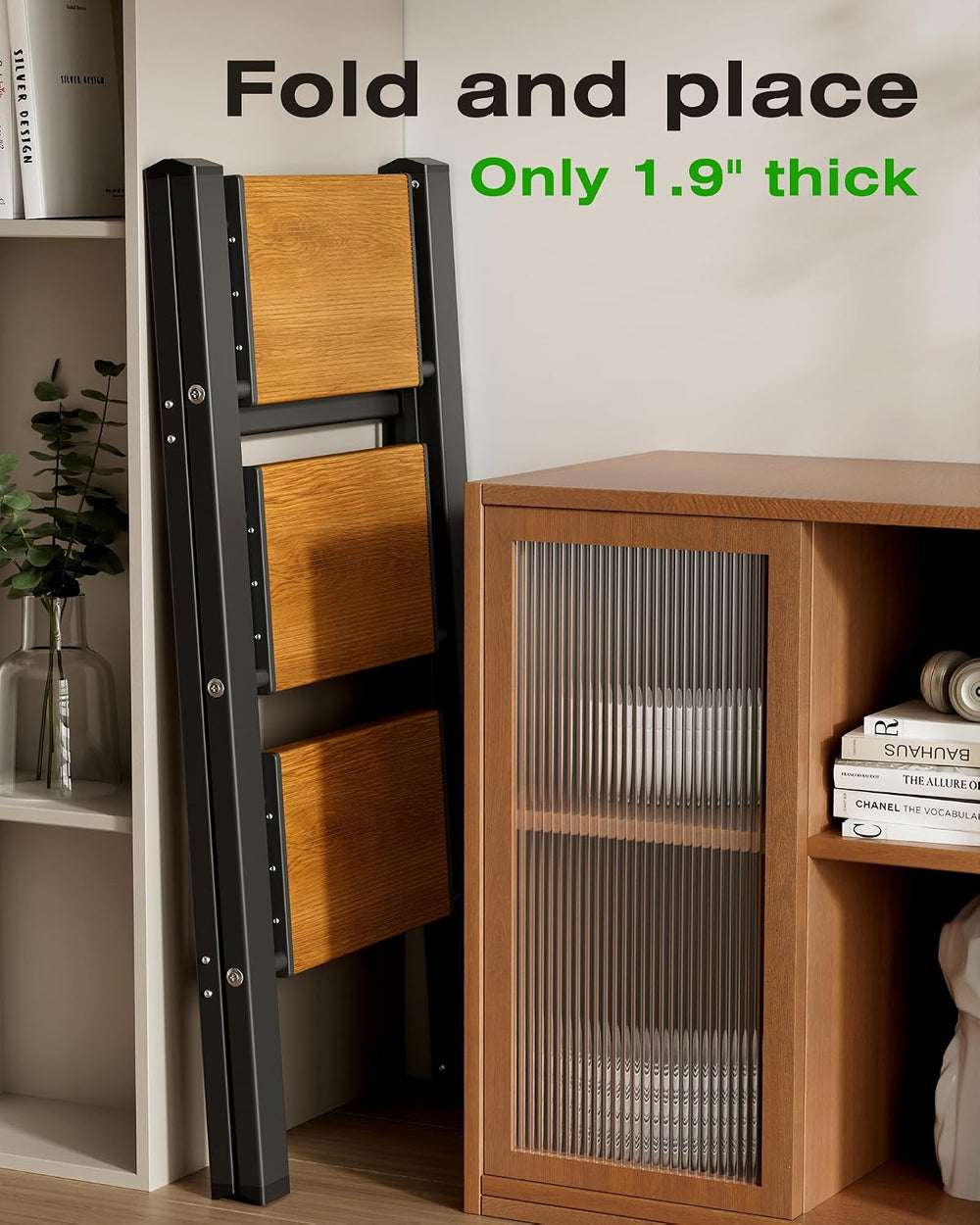Taranta 3 Step Stool Foldable,Aluminum Step Ladder-BlackWoodgrain