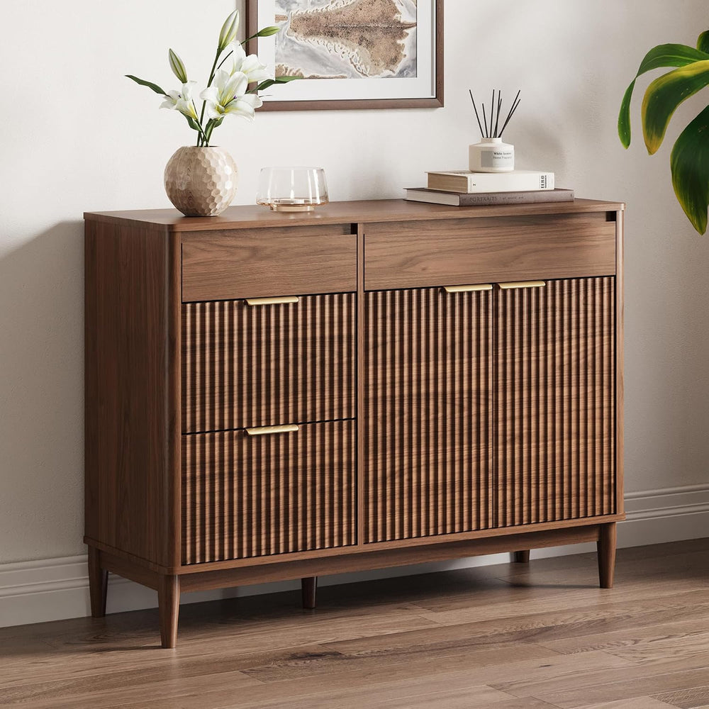LINSY HOME 44.6" Fluted Buffet Sideboard Storage Cabinet Coffee Bar Walnut