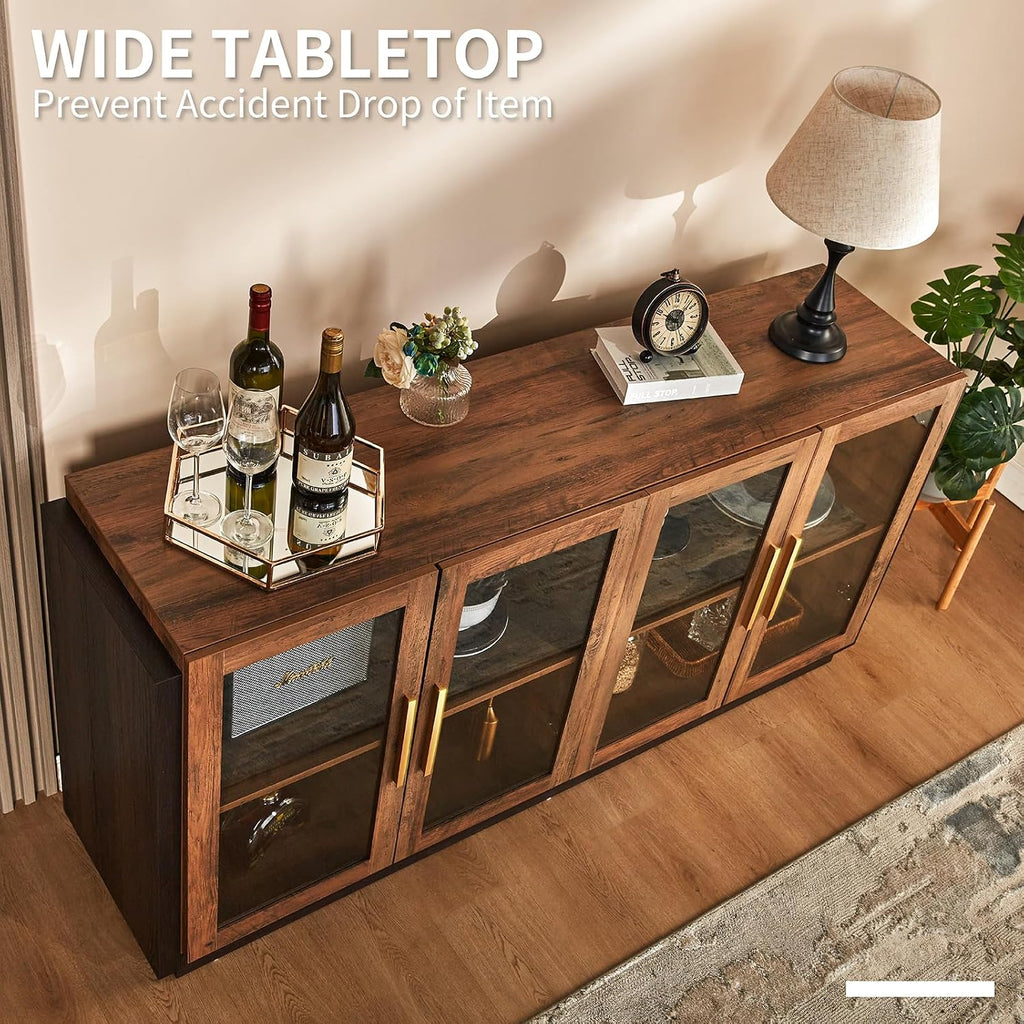 LUXOAK 64" Sideboard Buffet Cabinet with Glass Doors & LED Lights, Brown