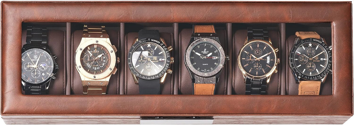 Glenor Co 6 Watch Box for Men - Mens Watch Case w Glass Lid – Luxury Mens Watch Box - Watch Holder for Men w Metal Accents & Sturdy Hinges - Modern & Masculine Watch Display Case Brown