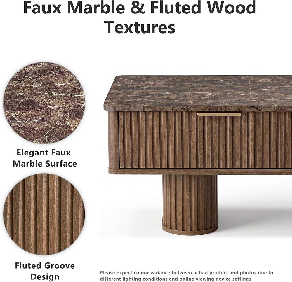 win2win Rectangle Coffee Table with Storage, Faux Marble Top, Walnut