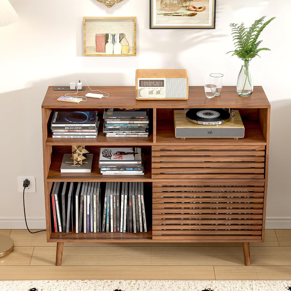 Jluomei Large Record Player Stand, Mid-Century Turntable Stand with Doors and...