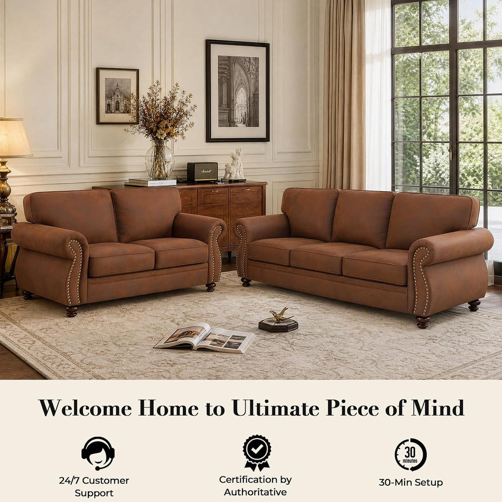 Couchus 2-Piece Sofa Set, 88" 3-Seater, 42" Armchair, Caramel Rust