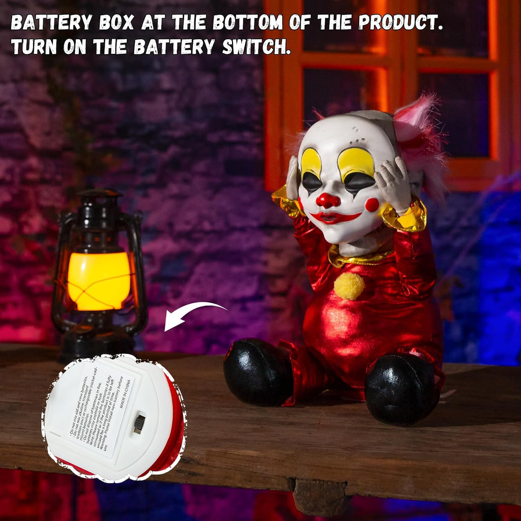Halloween Animatronic Face Ripping Clown Decorations, Sound Activated Demonic Clown Figure with Flip-Up Skull, Creepy Voice Circus Prop for Indoor Outdoor Haunted House Yard Party Table Decor