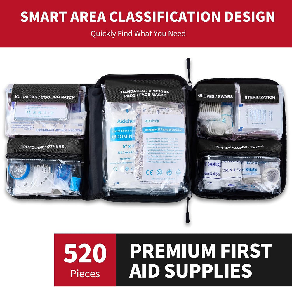 520 Pieces Premium First Aid Kit - Large Emergency Medical Kit (Black)