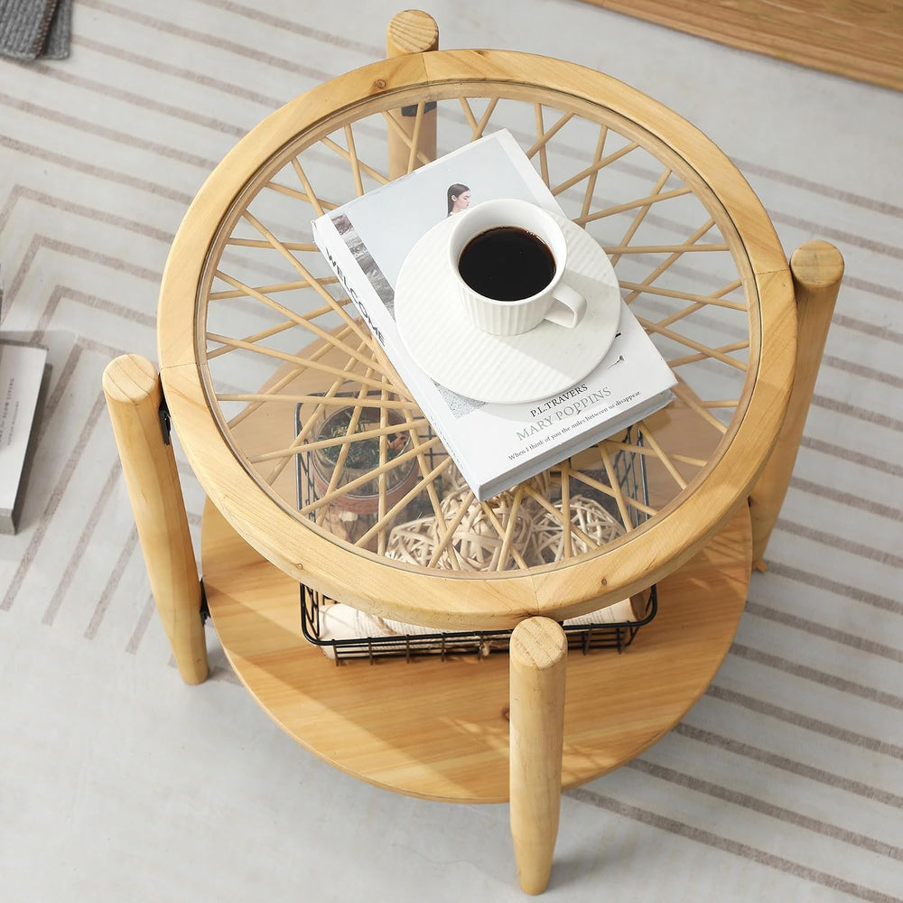 RUSTOWN Rattan Nightstands Set of 2, Boho Round End Tables with Glass Top