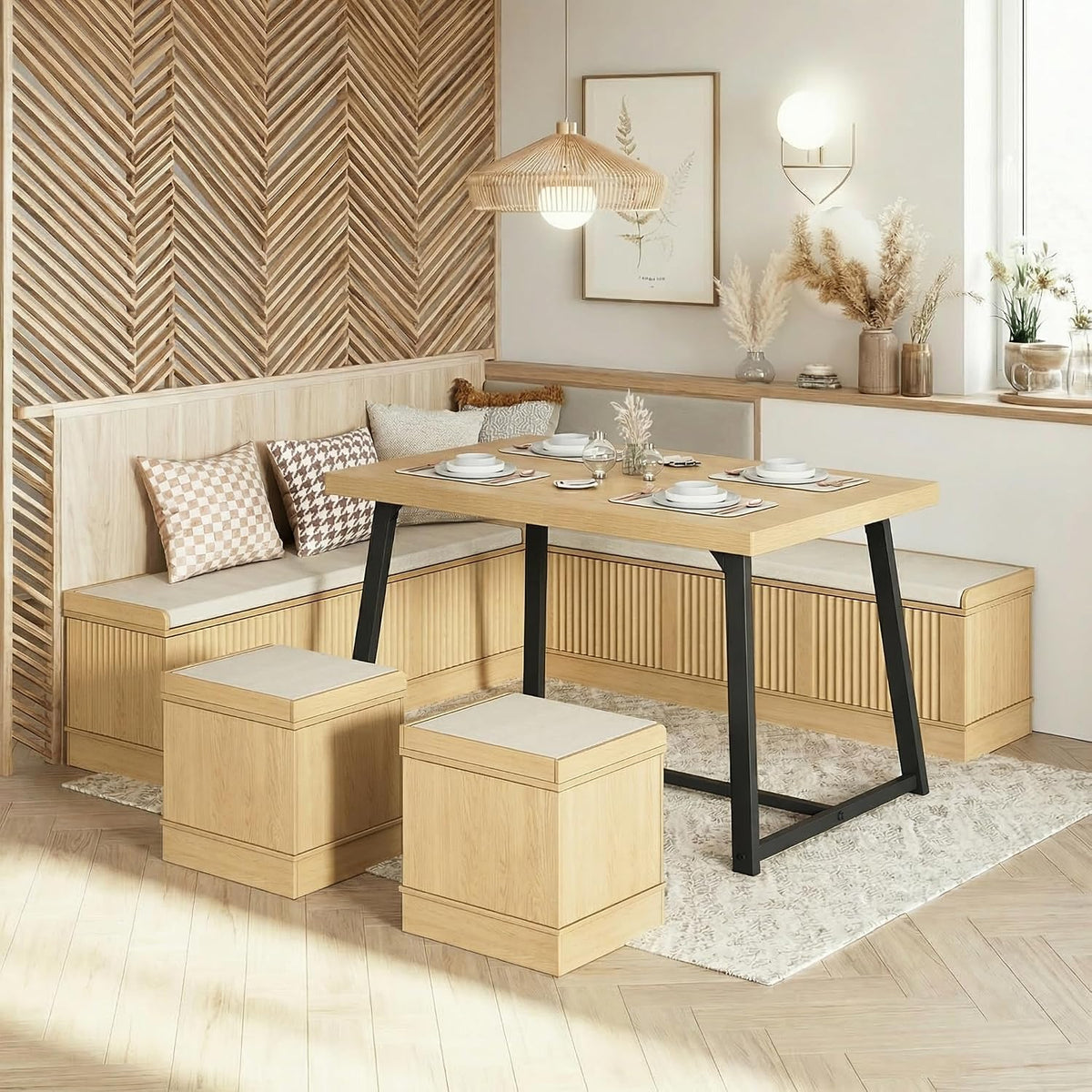 Brafab 63" Corner Dining Table Set with Hidden Storage, Natural