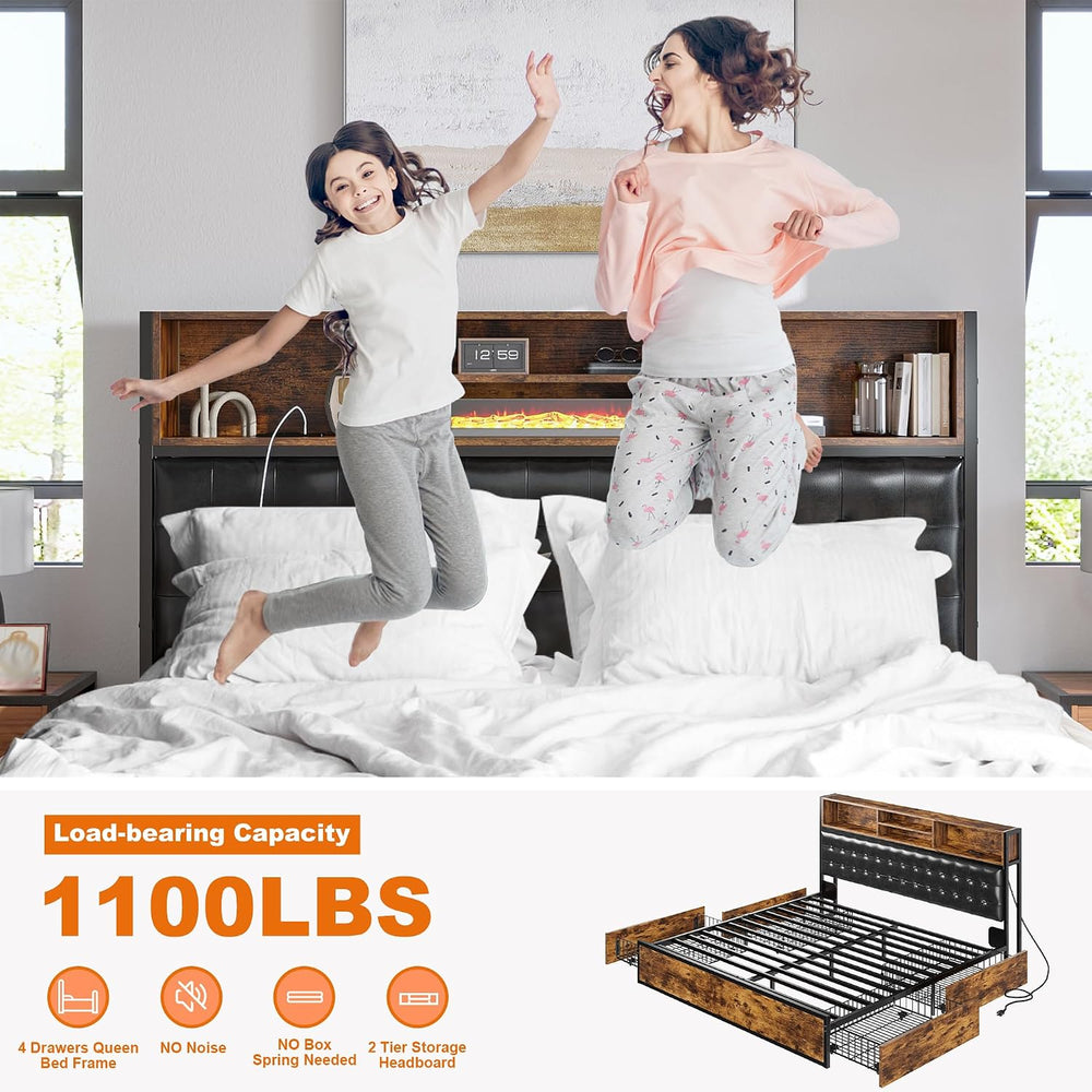 EnHomee King Size Bed Frame with 4 Drawers & Charge Station, Vintage Brown