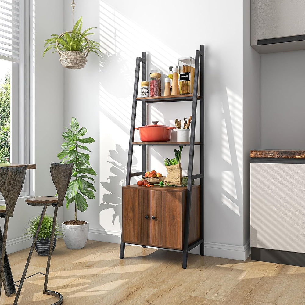 Tangkula 4-Tier Ladder Shelf, Industrial Bookshelf w/Cabinet, Rustic Brown