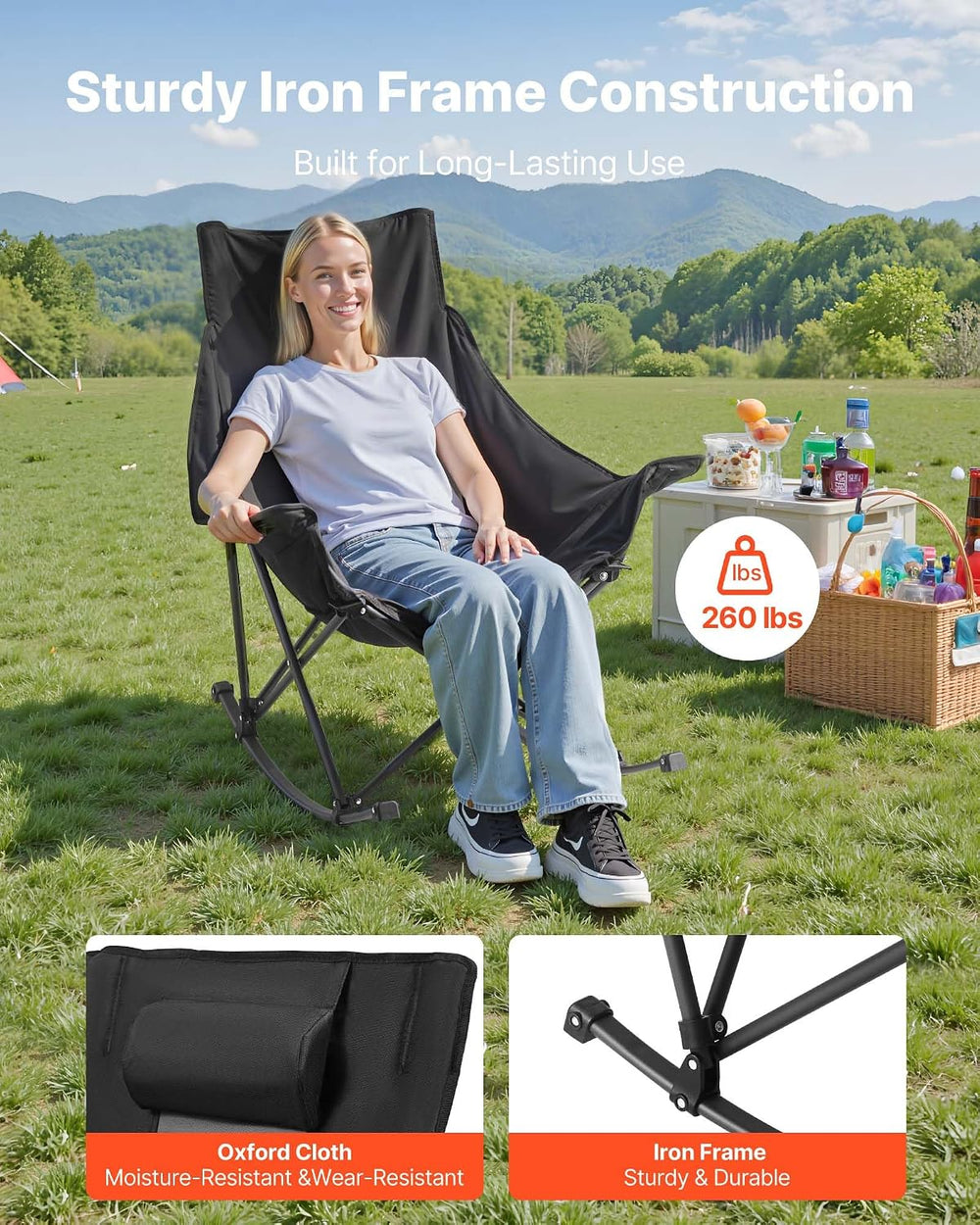 VEVOR Rocking Camping Chair, Portable Folding Rocker, Heavy-Duty Lawn Chair R...