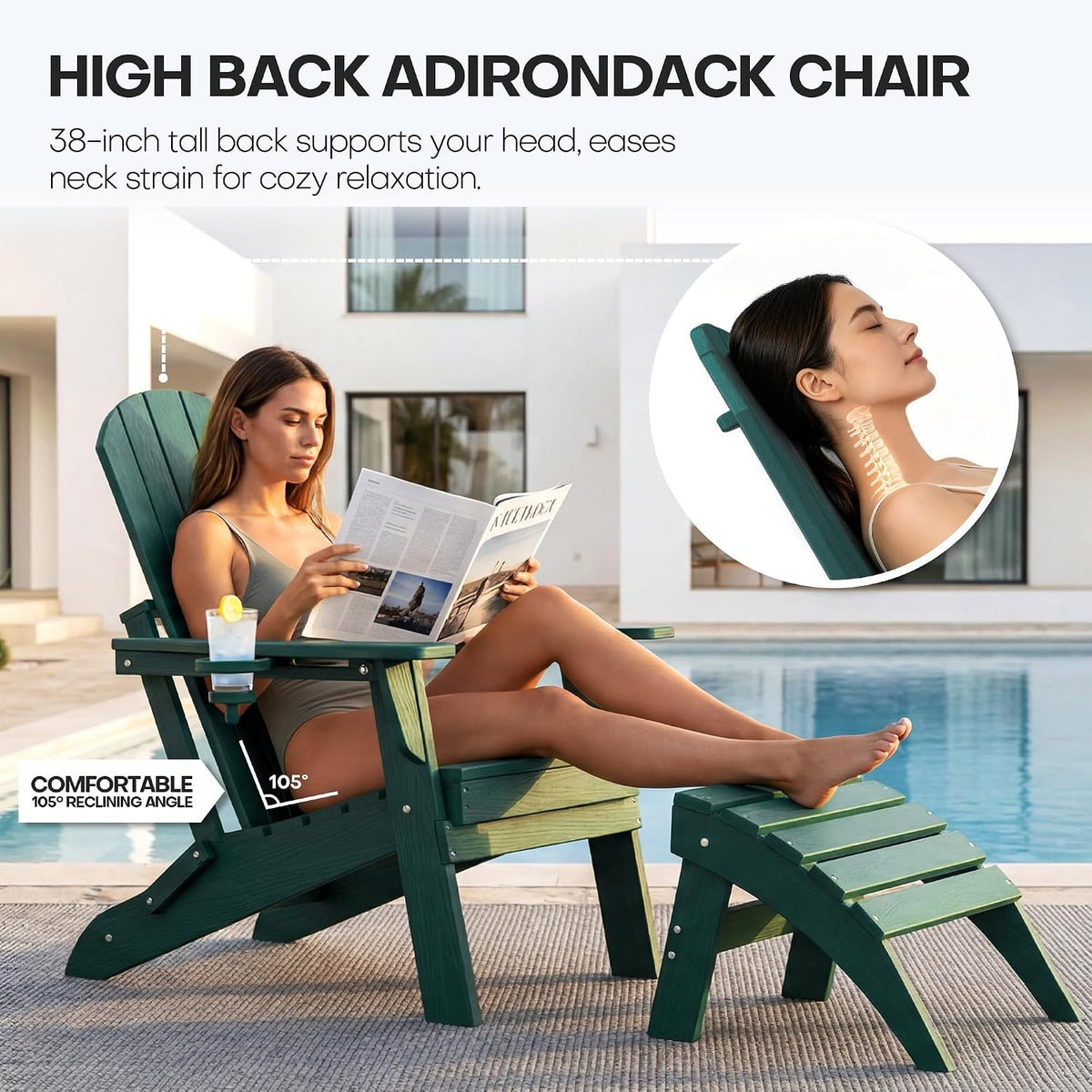 Adirondack Chair Set of 2 with Cup Holders&Table, Green
