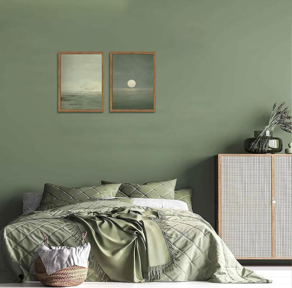 Framed Japanese Zen Wall Art Set of 2, Minimalist Sage Green Flying Duck Canv...