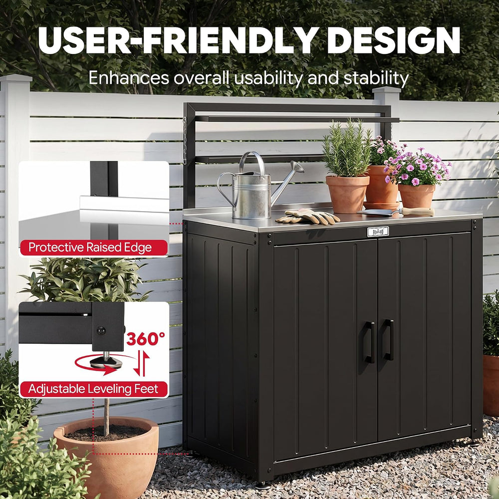 Feasto Outdoor Potting Bench Table with Storage Cabinet, Black