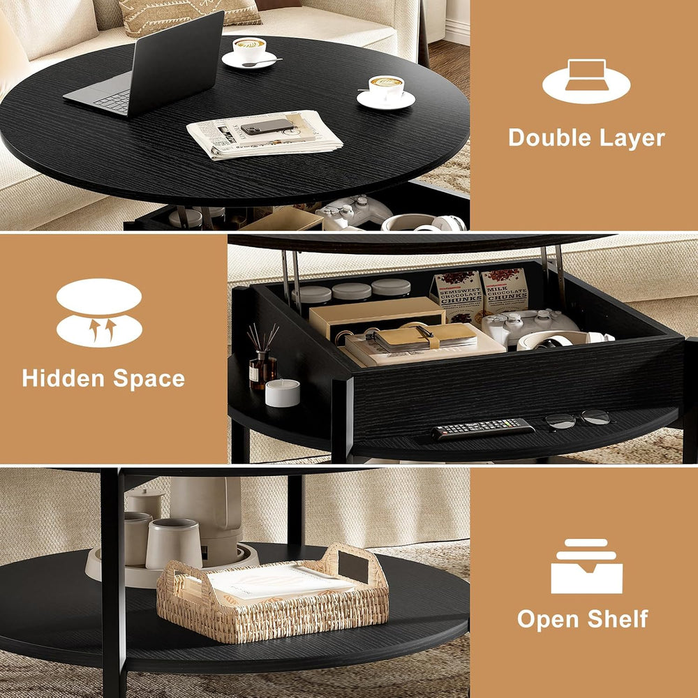 FABATO Small Round Lift Top Coffee Table with Wheels and Storage, Black