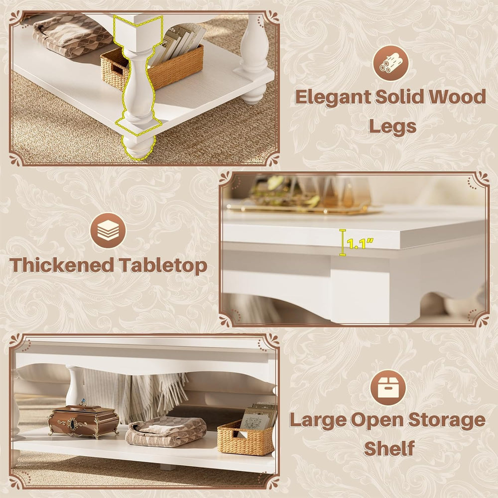 Besiost 47" Farmhouse Coffee Table with 2-Tier Storage, White