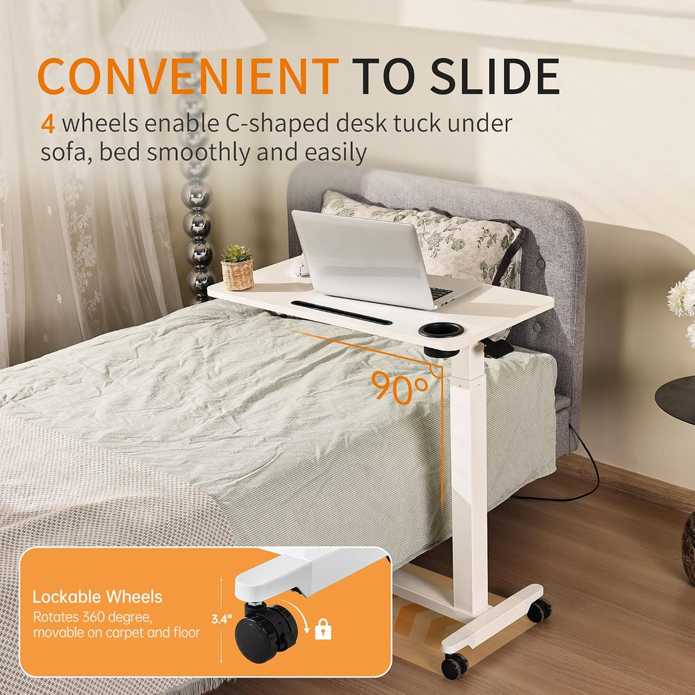 Adjustable Hospital Overbed Table with Drawer, Wheels, Cup Holder