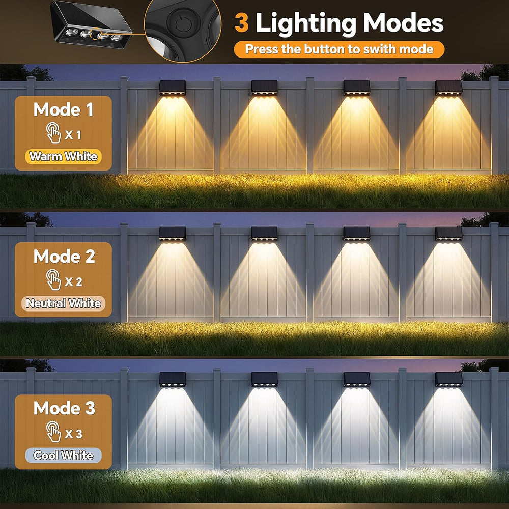 Solar Wall Lights Outdoor, 4-LED 3 Modes Fence Lights Solar Powered, 8 Pack