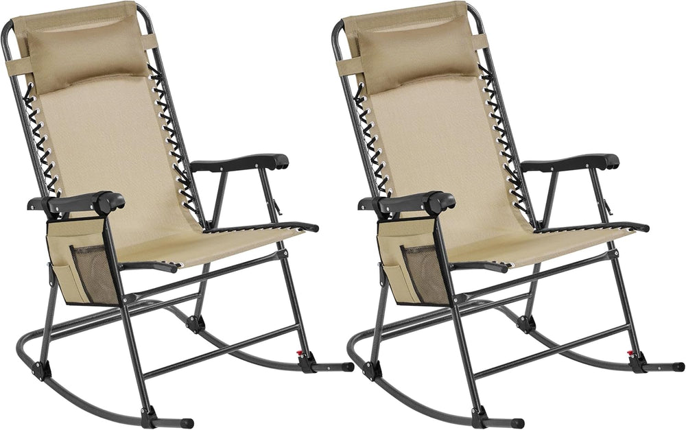 Yaheetech Patio Rocking Chair Folding Camping Chair with Pocket, Beige