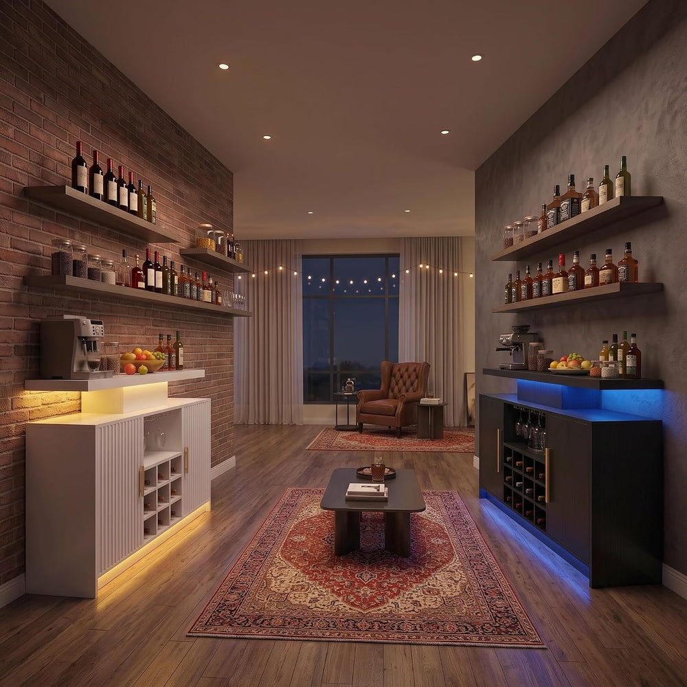DreamDashio White Wine Cabinet, Fluted Coffee Bar with LED & Outlets