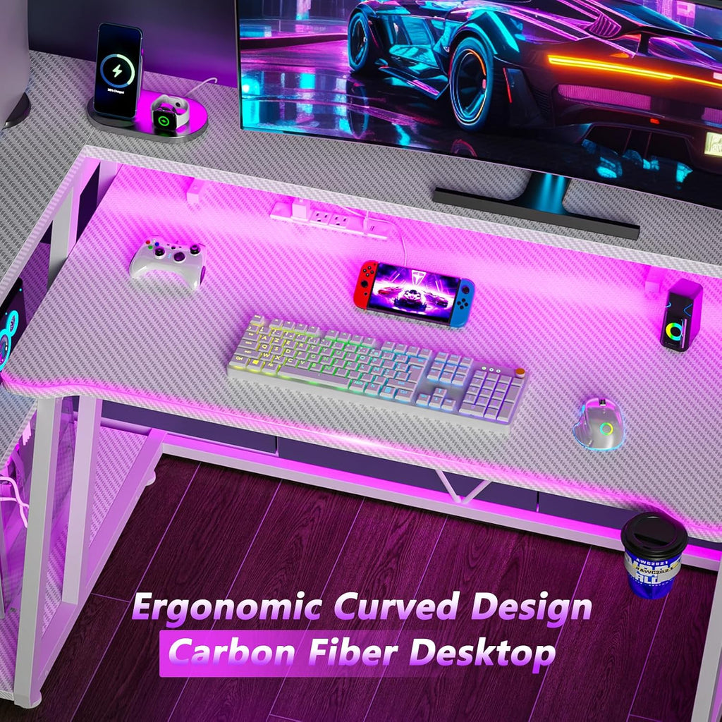 Korfile 55 Inch Gaming Desk with Power Outlet, LED, Carbon Fiber White