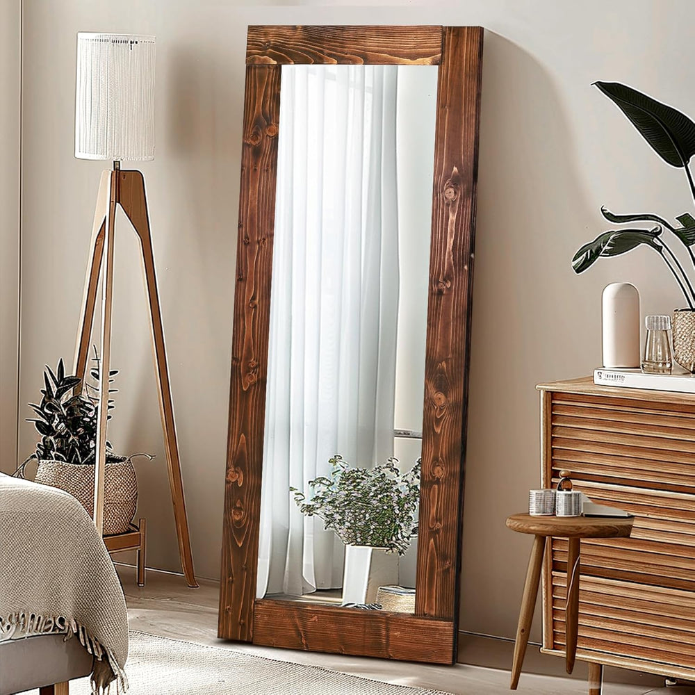 58x24in Full Length Mirror, Solid Wood Convex Frame, Brown