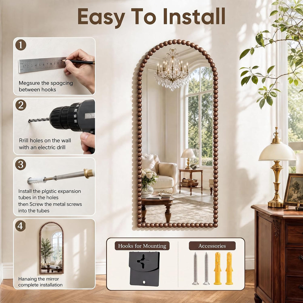 Antok 76" x 34" Arched Full Length Mirror, Antique Beaded Frame Flo...