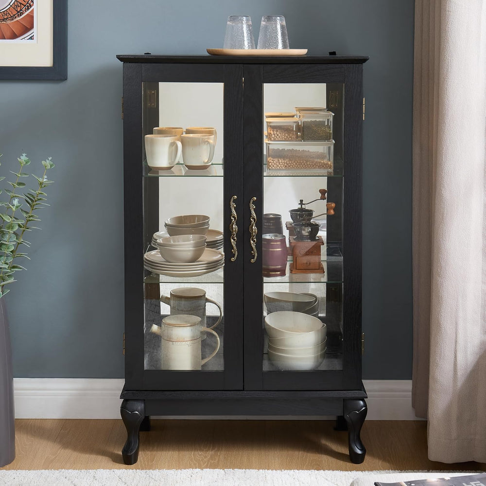 43" H Lighted Glass Curio Display Cabinet, 3-Tier Glass Accent Storage C...