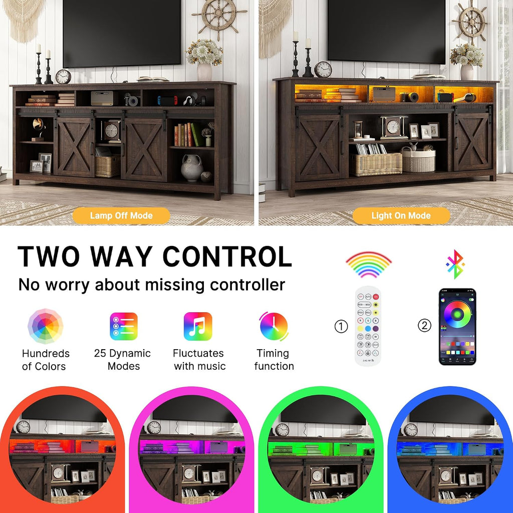 Vinctik 6&Fox 70in Wooden Farmhouse Entertainment Center for 80/75 inch TV,Double Layer Storage Farmhouse TV Stand,Double-Row Sockets with Wood Sliding Barn Door TV Stand(Double Layer Rustic Brown)