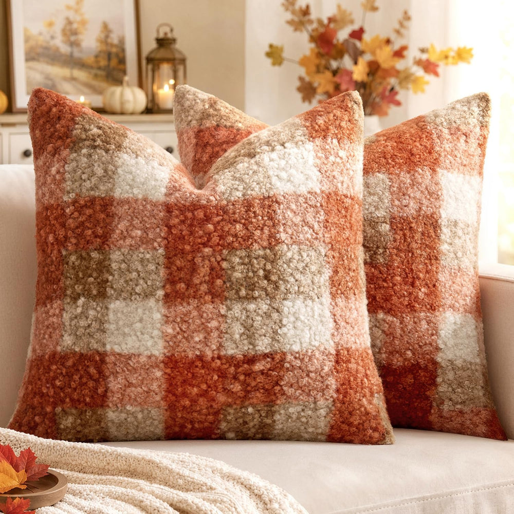 MIULEE Fall Plaid Pillow Covers Boucle Orange 24x24 Set of 2 Euro
