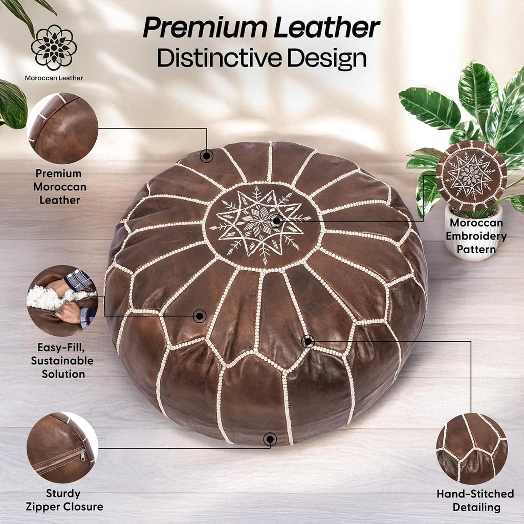 Moroccan Leather Handmade Pouf Ottoman Cover, Unstuffed Foot Stool, Round Boho Footrest for Living Room, Bedroom, Home Decor Gift (Brown By White)