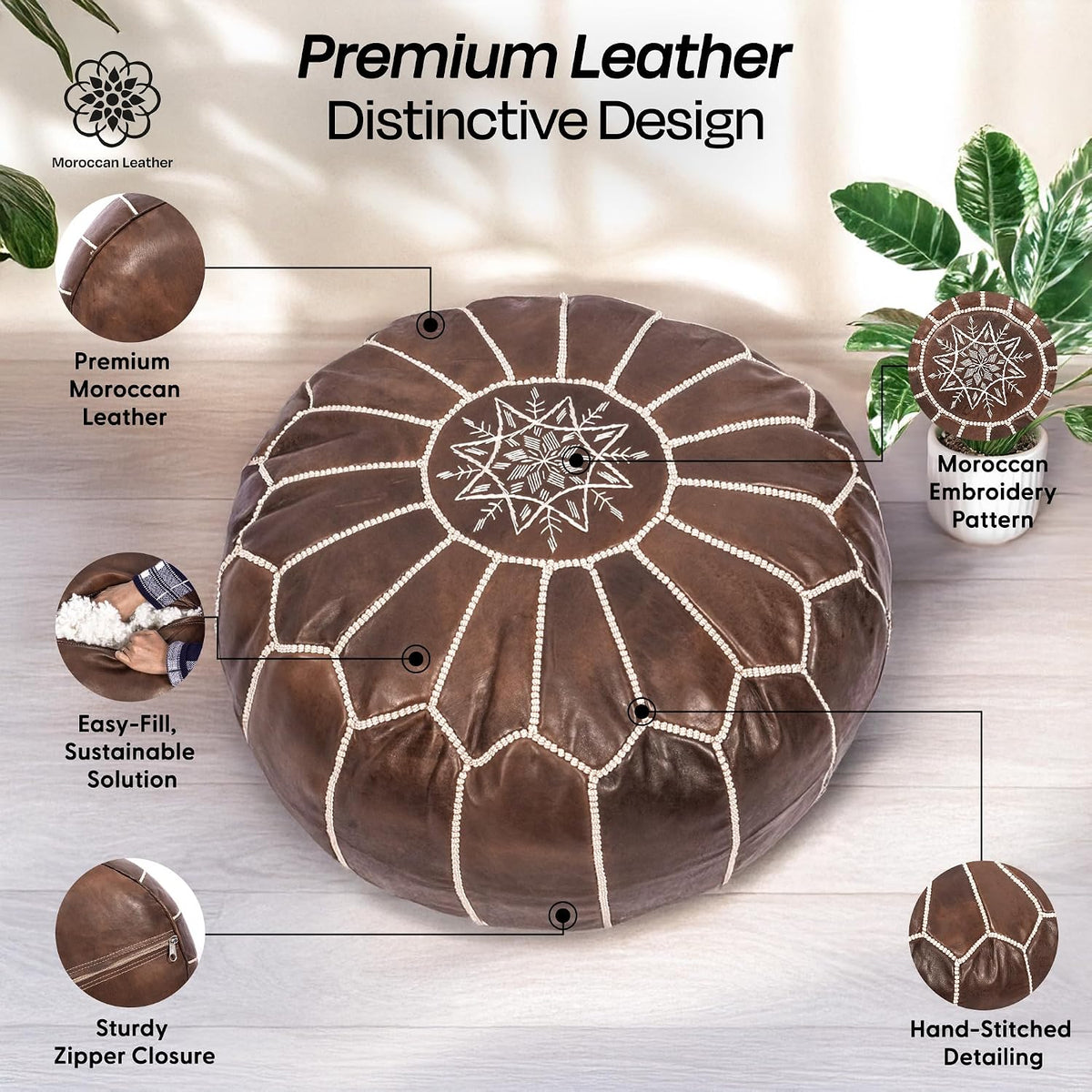Moroccan Leather Handmade Pouf Ottoman Cover, Unstuffed Foot Stool, Round Boho Footrest for Living Room, Bedroom, Home Decor Gift (Brown By White)