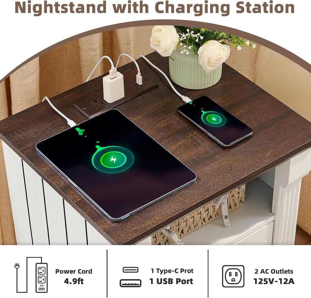BuildHom 18" Farmhouse Nightstand Set of 2 with Charging Station, White