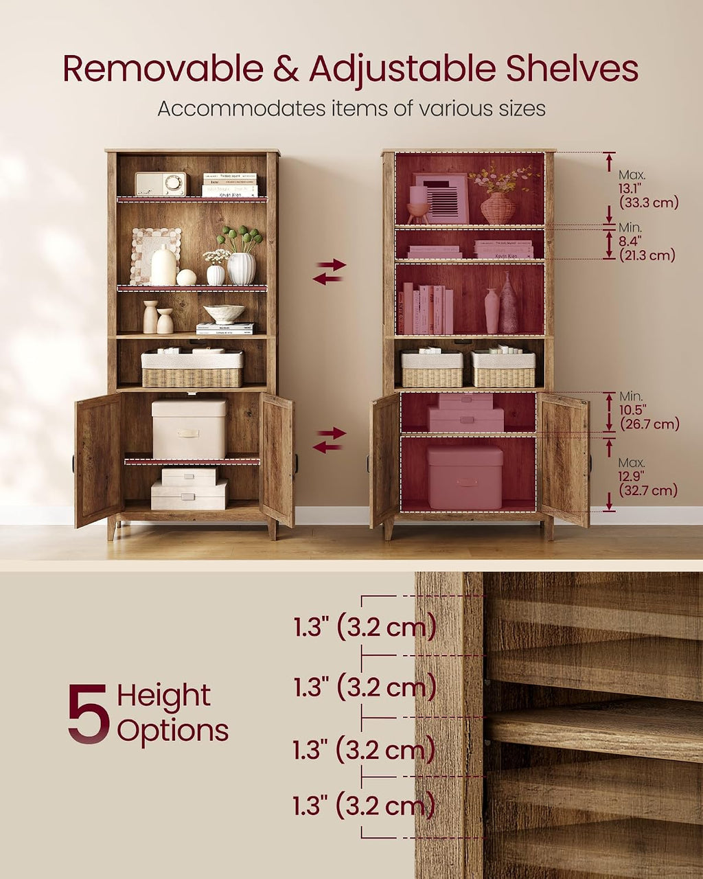 vasagle farmhouse bookshelf, 6-tier bookcase with doors, side view