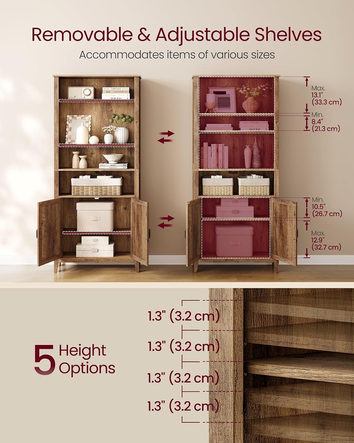 vasagle farmhouse bookshelf, 6-tier bookcase with doors, side view